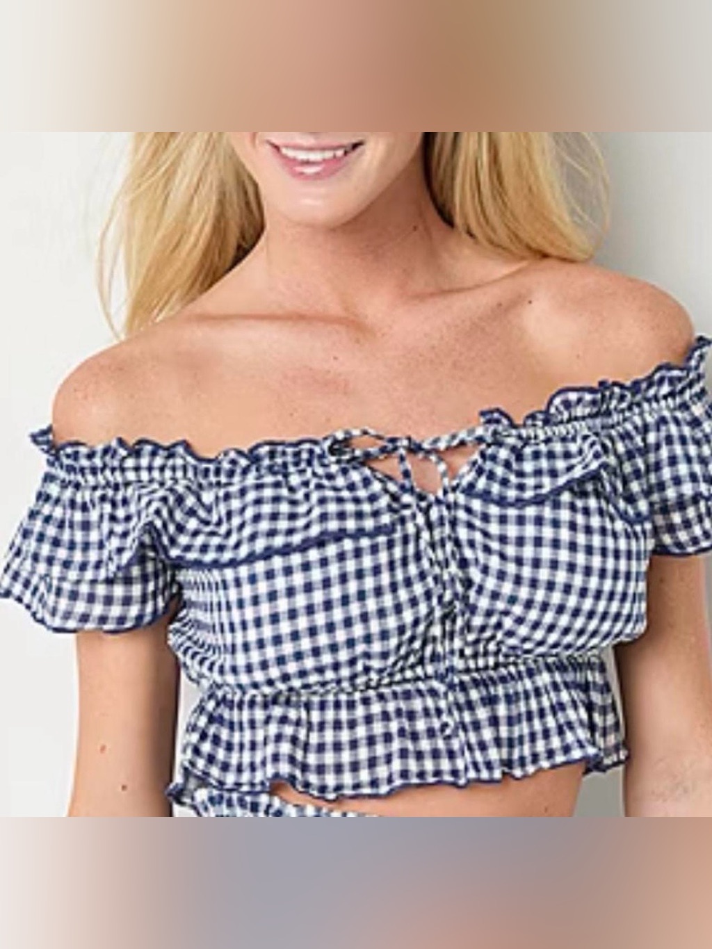 Arizona Blue Gingham Off The Shoulder Top Size Xs